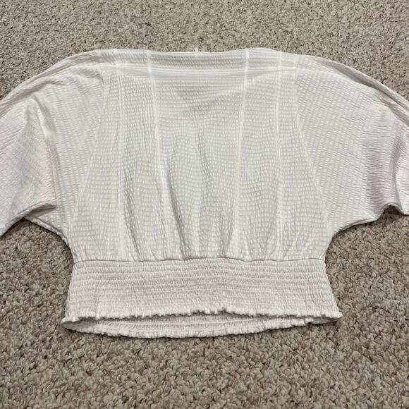 Anthropologie Peasant Blouse Sz S White Smocked Waist Pirate Flowy Puff Sleeve - Picture 6 of 6